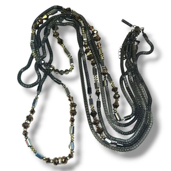 White House Black Market Jewelry - WHBM Multi-strand Snake Chain‎ Crystal Bead Station Necklace 32"-44"